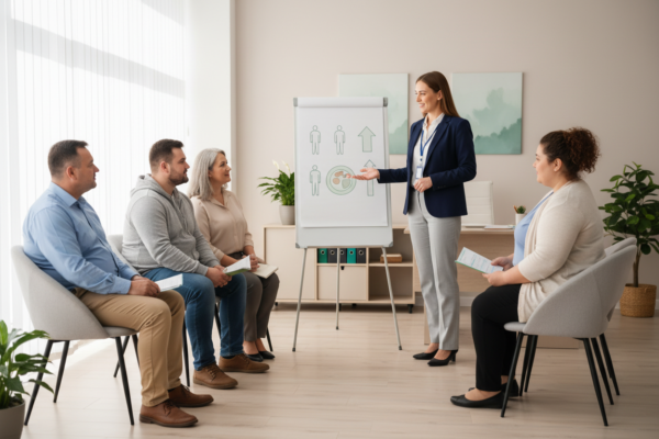 Diverse Gruppe von Erwachsenen mit Übergewicht in einem Gesundheitsseminar in einer modernen Hausarztpraxis in Leipzig – Adipositas-Vortragsreihe Wissen wirkt