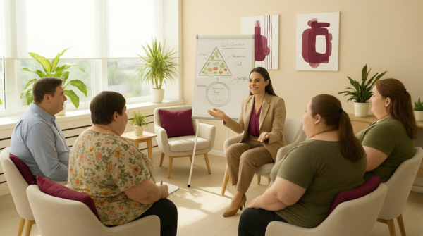 Diverse Gruppe von Erwachsenen mit Übergewicht in einem Gesundheitsseminar in einer modernen Hausarztpraxis in Leipzig – Adipositas-Vortragsreihe Wissen wirkt